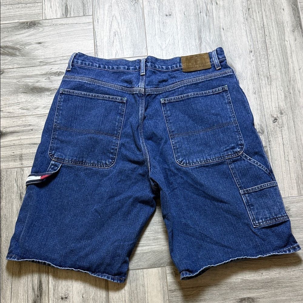 Vintage Tommy Hilfiger Men's Dark Blue Denim Carpenter Shorts with Logo Loophole